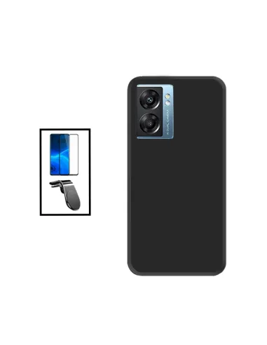 Kit Vidro Premium Full Cover + Capa Silicone Líquido + Suporte Magnético L para Oppo A77 - Preto