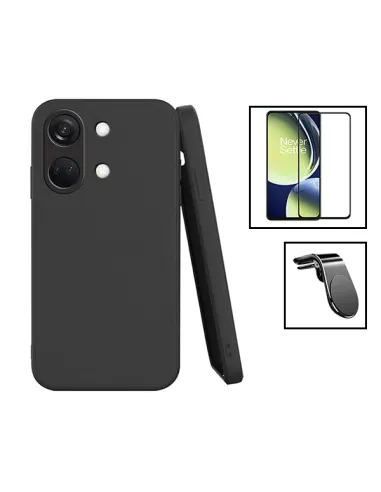 Kit Vidro Premium Full Cover + Capa Silicone Líquido + Suporte Magnético L para OnePlus Ace 2V - Preto