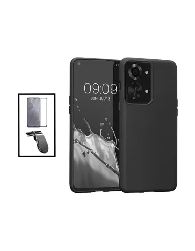 Kit Vidro Premium Full Cover + Capa Silicone Líquido + Suporte Magnético L para OnePlus Nord 2T - Preto