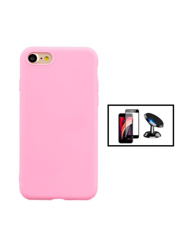 Kit Película de Vidro Temperado 5D Full Cover + Capa Silicone Líquido + Suporte Magnético de Carro para iPhone SE 2022 - Rosa