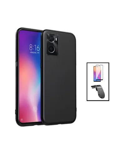 Kit Vidro Premium Full Cover + Capa Silicone Líquido + Suporte Magnético L para OnePlus Nord N300 - Preto