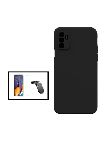 Kit Vidro Premium Full Cover + Capa Silicone Líquido + Suporte Magnético L para Oppo A11s - Preto