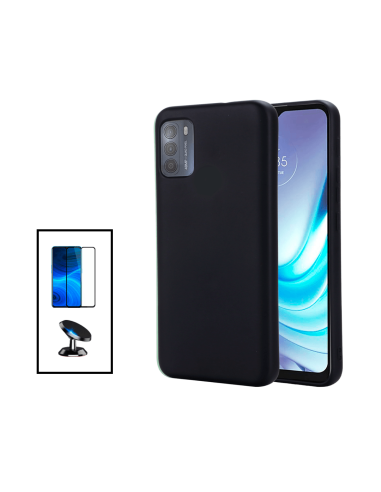 Kit Película de Vidro Temperado 5D Full Cover + Capa Silicone Líquido + Suporte Magnético de Carro para Motorola Moto G50 - Pret