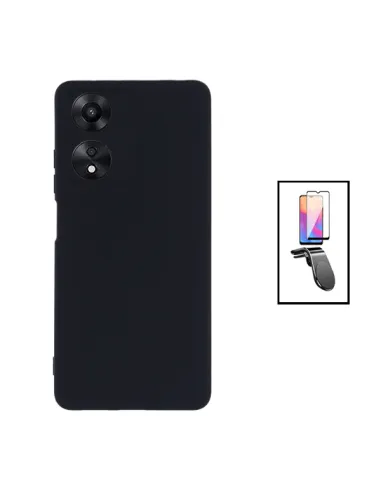 Kit Vidro Premium Full Cover + Capa Silicone Líquido + Suporte Magnético L para Oppo A17 - Preto