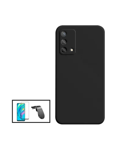 Kit Vidro Premium Full Cover + Capa Silicone Líquido + Suporte Magnético L para Oppo A95 - Preto