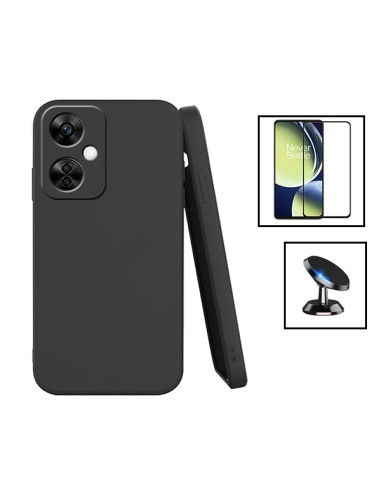 Kit Película de Vidro Temperado 5D Full Cover + Capa Silicone Líquido + Suporte Magnético de Carro para onePlus Nord CE 3 Lite -