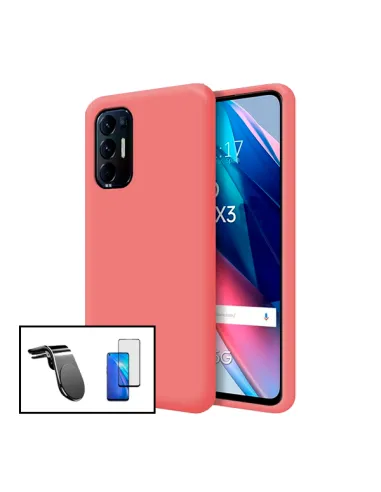 Kit Vidro Premium Full Cover + Capa Silicone Líquido + Suporte Magnético L para Oppo Find X3 Neo - Rosa