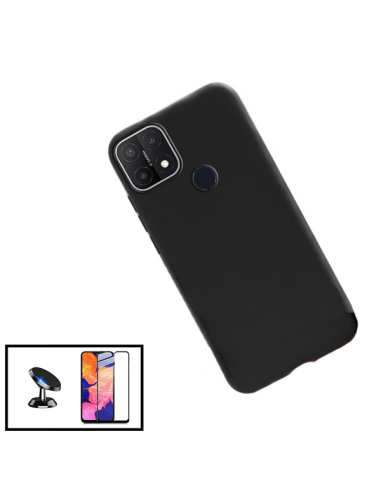 Kit Película de Vidro Temperado 5D Full Cover + Capa Silicone Líquido + Suporte Magnético de Carro para Oppo A15 - Preto