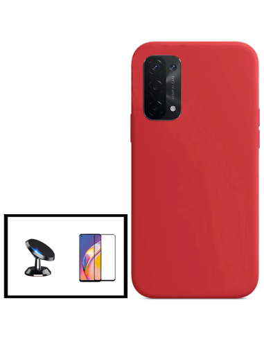 Kit Película de Vidro Temperado 5D Full Cover + Capa Silicone Líquido + Suporte Magnético de Carro para Oppo A16S - Vermelho