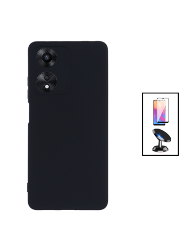 Kit Película de Vidro Temperado 5D Full Cover + Capa Silicone Líquido + Suporte Magnético de Carro para Oppo A17 - Preto