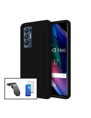 Kit Vidro Premium Full Cover + Capa Silicone Líquido + Suporte Magnético L para Oppo Reno5 Pro+ 5G