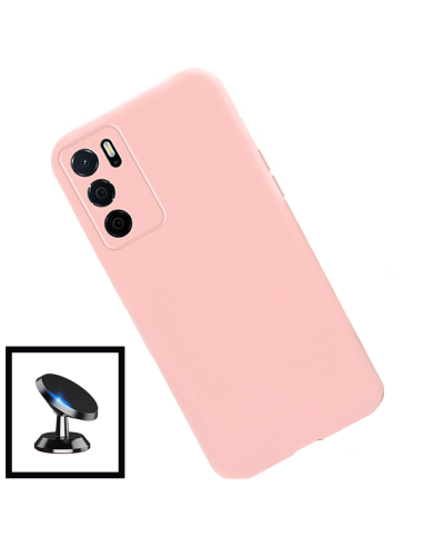 Kit Película de Vidro Temperado 5D Full Cover + Capa Silicone Líquido + Suporte Magnético de Carro para Oppo A54s - Rosa