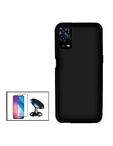 Kit Película de Vidro Temperado 5D Full Cover + Capa Silicone Líquido + Suporte Magnético de Carro para Oppo A55