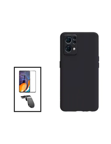 Kit Vidro Premium Full Cover + Capa Silicone Líquido + Suporte Magnético L para Oppo Reno7 Pro 5G - Preto