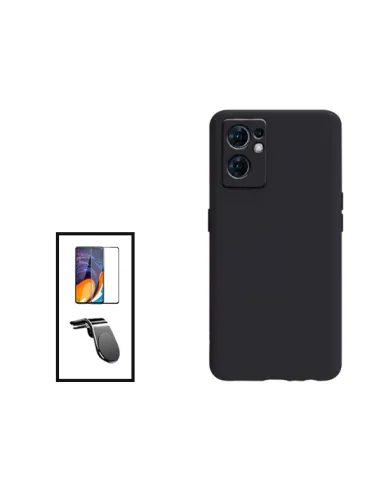 Kit Vidro Premium Full Cover + Capa Silicone Líquido + Suporte Magnético L para Oppo Reno7 SE 5G - Preto