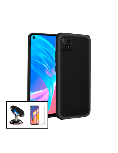 Kit Película de Vidro Temperado 5D Full Cover + Capa Silicone Líquido + Suporte Magnético de Carro para Oppo A73 5G