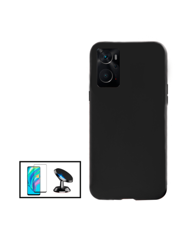 Kit Película de Vidro Temperado 5D Full Cover + Capa Silicone Líquido + Suporte Magnético de Carro para Oppo A76 - Preto