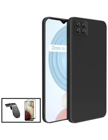 Kit Vidro Premium Full Cover + Capa Silicone Líquido + Suporte Magnético L para Realme C11 2021 - Preto