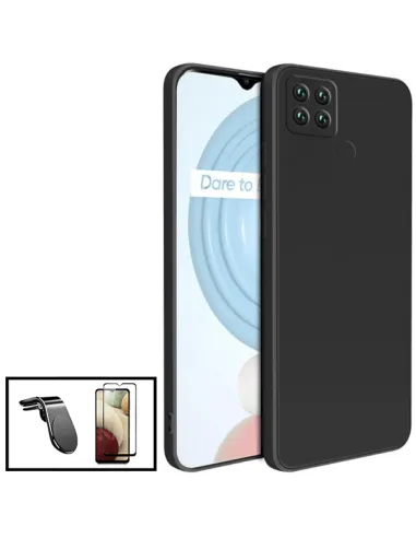 Kit Vidro Premium Full Cover + Capa Silicone Líquido + Suporte Magnético L para Realme C21Y - Preto