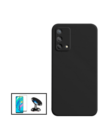 Kit Película de Vidro Temperado 5D Full Cover + Capa Silicone Líquido + Suporte Magnético de Carro para Oppo A95 - Preto