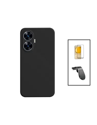 Kit Vidro Premium Full Cover + Capa Silicone Líquido + Suporte Magnético L para Realme C55 - Preto