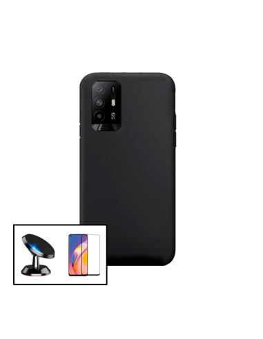 Kit Película de Vidro Temperado 5D Full Cover + Capa Silicone Líquido + Suporte Magnético de Carro para Oppo A95 5G