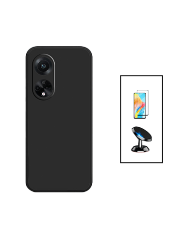 Kit Película de Vidro Temperado 5D Full Cover + Capa Silicone Líquido + Suporte Magnético de Carro para Oppo A98 5G - Preto