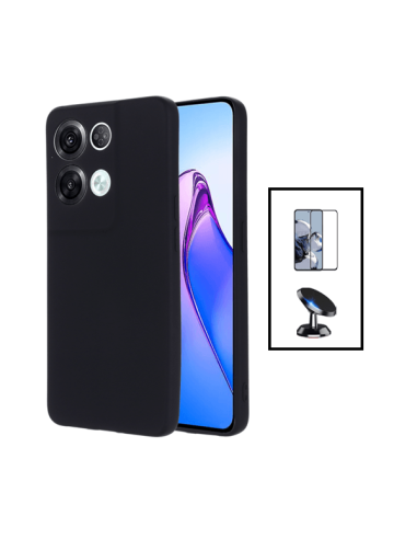 Kit Película de Vidro Temperado 5D Full Cover + Capa Silicone Líquido + Suporte Magnético de Carro para Oppo Reno8 Pro 5G - Pret