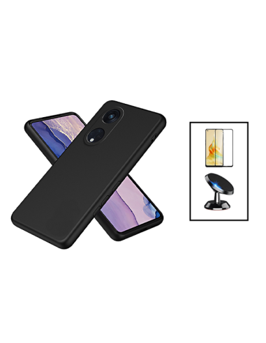 Kit Película de Vidro Temperado 5D Full Cover + Capa Silicone Líquido + Suporte Magnético de Carro para Oppo Reno8T 4G - Preto