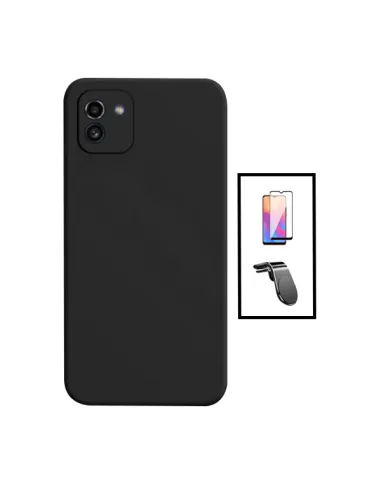 Kit Vidro Premium Full Cover + Capa Silicone Líquido + Suporte Magnético L para Samsung Galaxy A03 4G - Preto