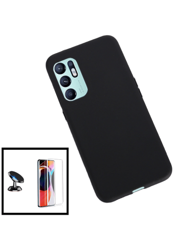 Kit Película de Vidro Temperado 5D Full Cover + Capa Silicone Líquido + Suporte Magnético de Carro para Oppo Reno6