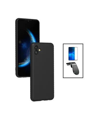 Kit Vidro Premium Full Cover + Capa Silicone Líquido + Suporte Magnético L para Samsung Galaxy A04e - Preto