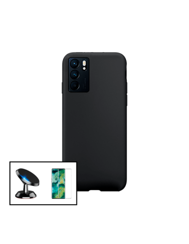 Kit Película de Vidro Temperado 5D Full Cover + Capa Silicone Líquido + Suporte Magnético de Carro para Oppo Reno6 Z