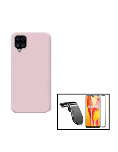 Kit Vidro Premium Full Cover + Capa Silicone Líquido + Suporte Magnético L para Samsung Galaxy A12 - Rosa