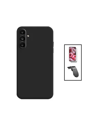 Kit Vidro Premium Full Cover + Capa Silicone Líquido + Suporte Magnético L para Samsung Galaxy A14 - Preto