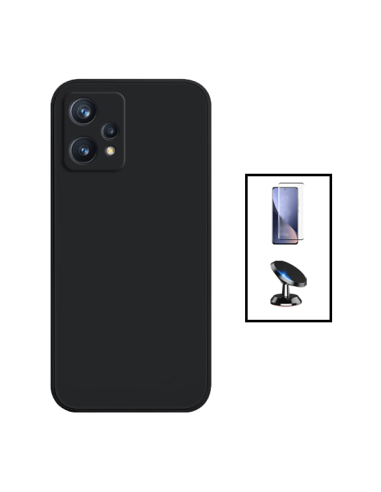 Kit Película de Vidro Temperado 5D Full Cover + Capa Silicone Líquido + Suporte Magnético de Carro para Realme 9 5G - Preto