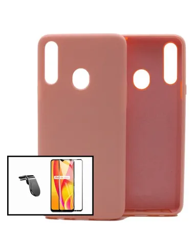 Kit Vidro Premium Full Cover + Capa Silicone Líquido + Suporte Magnético L para Samsung Galaxy A20s - Rosa