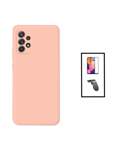 Kit Vidro Premium Full Cover + Capa Silicone Líquido + Suporte Magnético L para Samsung Galaxy A23 5G - Rosa