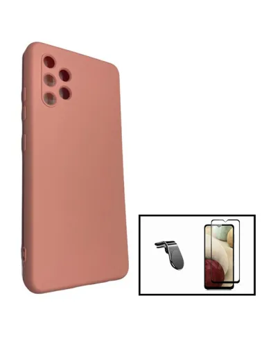 Kit Vidro Premium Full Cover + Capa Silicone Líquido + Suporte Magnético L para Samsung Galaxy A32 - Rosa