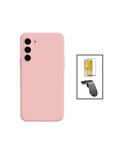 Kit Vidro Premium Full Cover + Capa Silicone Líquido + Suporte Magnético L para Samsung Galaxy A34 5G - Rosa