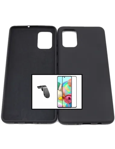 Kit Vidro Premium Full Cover + Capa Silicone Líquido + Suporte Magnético L para Samsung Galaxy A51 5G - Preto