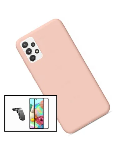 Kit Vidro Premium Full Cover + Capa Silicone Líquido + Suporte Magnético L para Samsung Galaxy A52 - Rosa