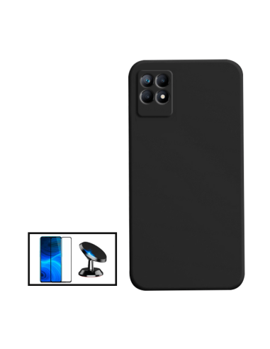 Kit Película de Vidro Temperado 5D Full Cover + Capa Silicone Líquido + Suporte Magnético de Carro para Realme Narzo 50i - Preto