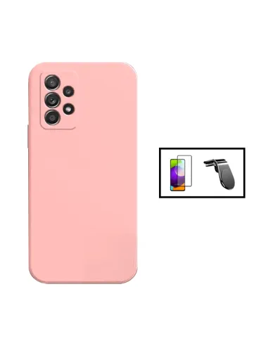 Kit Vidro Premium Full Cover + Capa Silicone Líquido + Suporte Magnético L para Samsung Galaxy A73 5G - Rosa