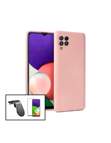 Kit Vidro Premium Full Cover + Capa Silicone Líquido + Suporte Magnético L para Samsung Galaxy M22 - Rosa