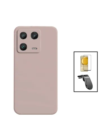 Kit Vidro Premium Full Cover + Capa Silicone Líquido + Suporte Magnético L para Xiaomi 13 - Rosa