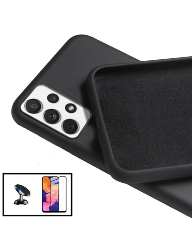 Kit Película de Vidro Temperado 5D Full Cover + Capa Silicone Líquido + Suporte Magnético de Carro para Samsung Galaxy M32 5G