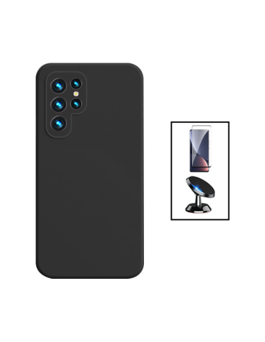 Kit Película de Vidro Temperado 5D Full Cover + Capa Silicone Líquido + Suporte Magnético de Carro para Samsung Galaxy S23 Ultra