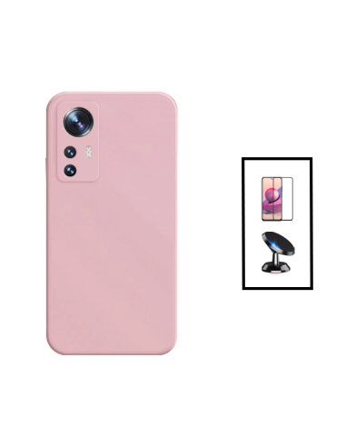 Kit Película de Vidro Temperado 5D Full Cover + Capa Silicone Líquido + Suporte Magnético de Carro para Xiaomi 12T - Rosa