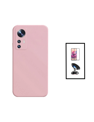 Kit Película de Vidro Temperado 5D Full Cover + Capa Silicone Líquido + Suporte Magnético de Carro para Xiaomi 12T Pro - Rosa